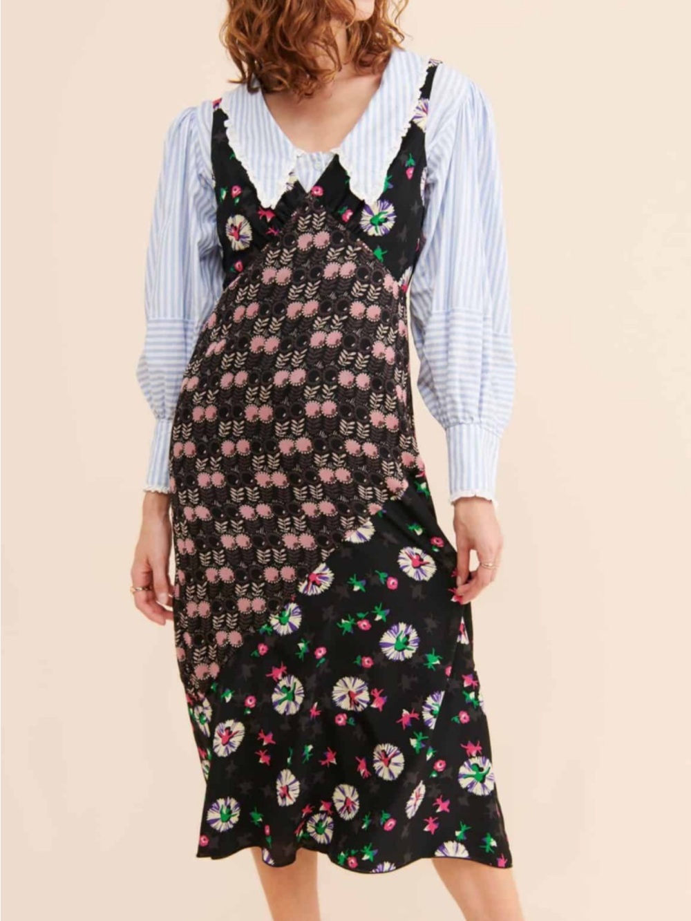 Anna Sui  Mixed Print Dress Size 4 Black Floral & Pink Pattern Slip Silk